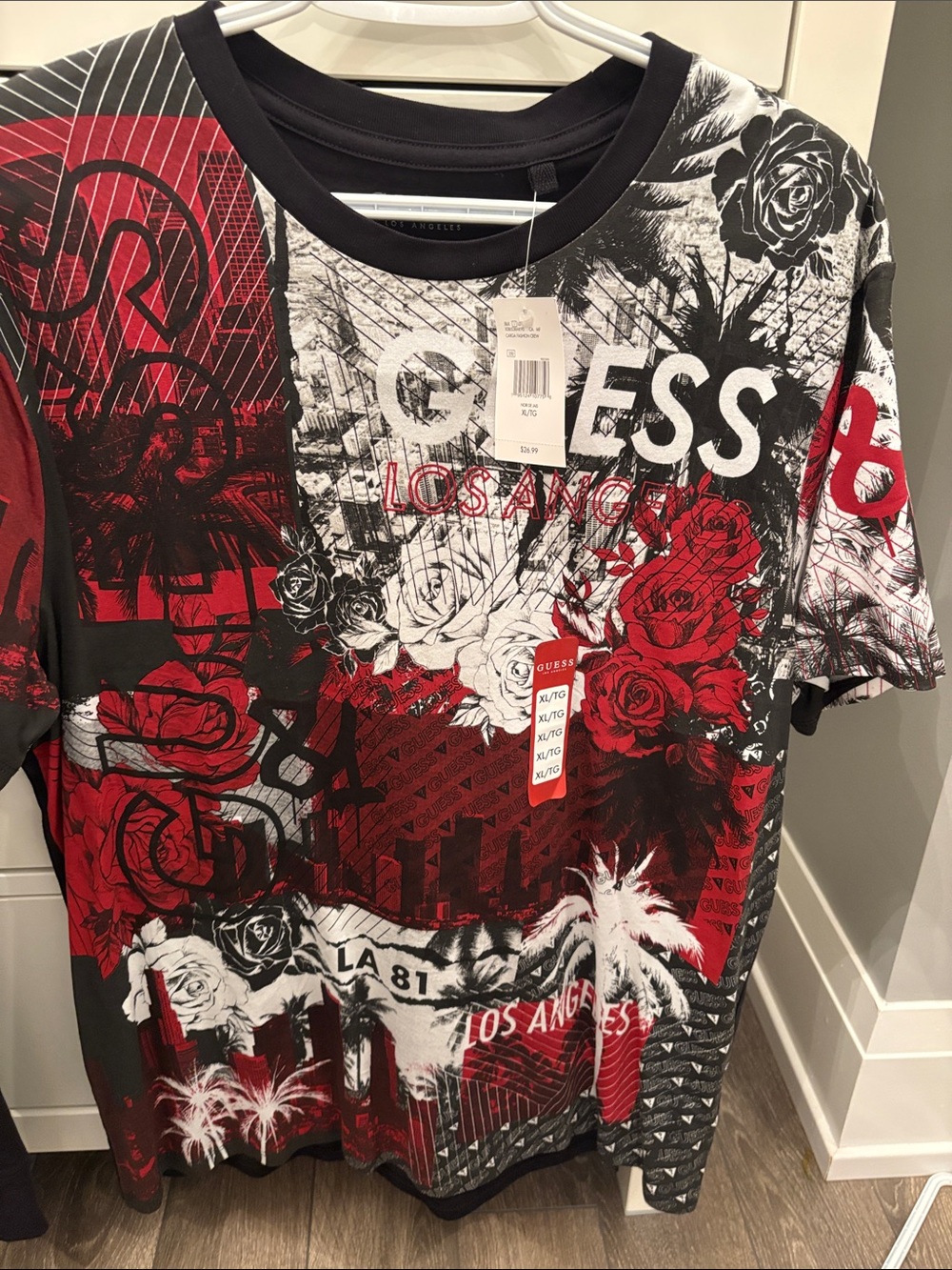 Guess Multicolor Floral Logo Tee in Black, Red & White